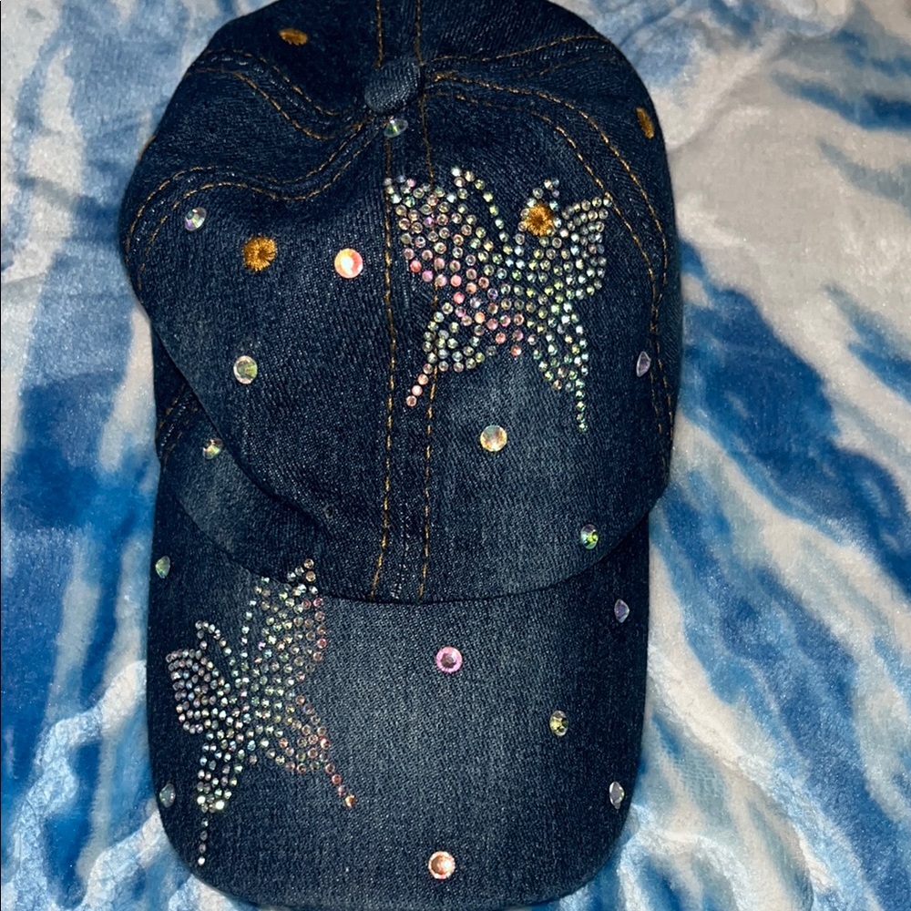 Embellished Denim Cap with Butterfly Design